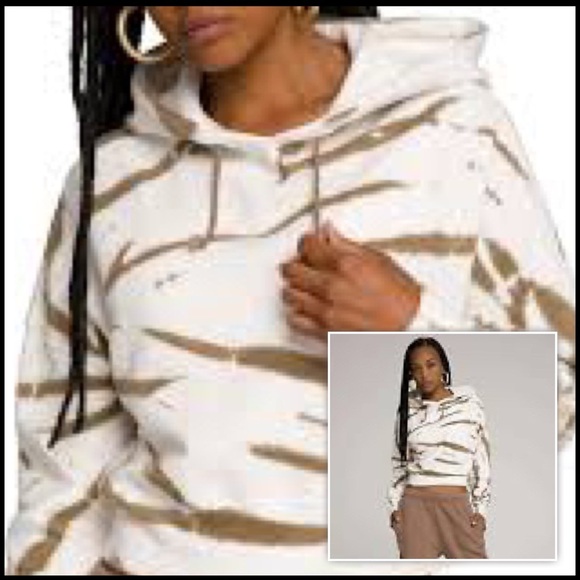 Good American Cool Cropped Hoodie Sweatshirt Putty Tie Dye Streetwear Lounge 1/S - Picture 1 of 15
